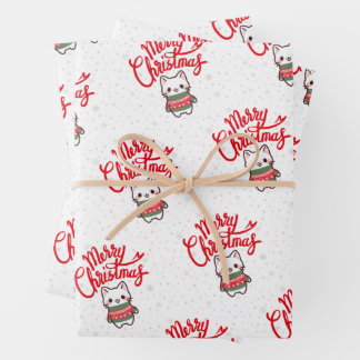 Cute Kawaii Christmas Kitten In A Sweater Wrapping Paper Sheet