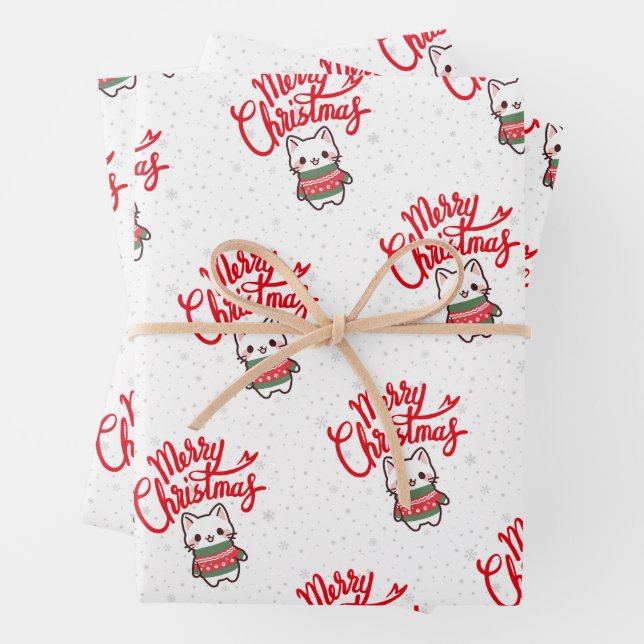 Cute Kawaii Christmas Kitten In A Sweater Wrapping Paper Sheet (In situ)