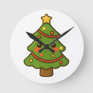 Cute Kawaii Christmas Tree Round Clock