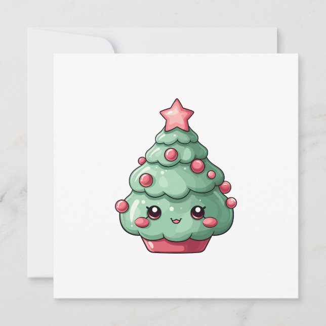 Cute Kawaii Christmas Tree with Smiling Face  Holiday Card (Front)