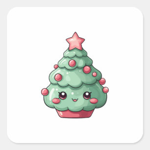 Cute Kawaii Christmas Tree with Smiling Face Square Sticker