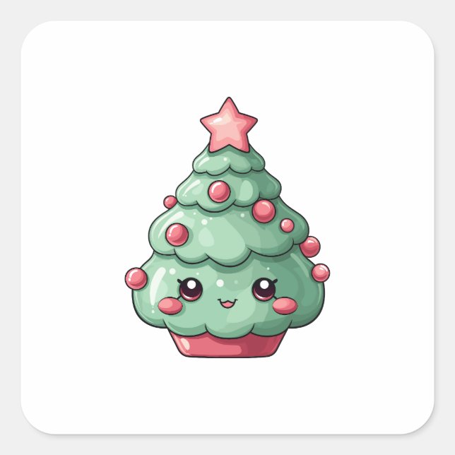 Cute Kawaii Christmas Tree with Smiling Face  Square Sticker (Front)