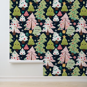 Cute Kawaii Christmas Trees Seamless Pattern Wallpaper
