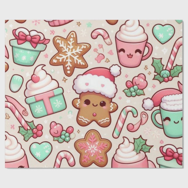 Cute Kawaii Christmas Wrapping Paper | Gingerbread (Flat)