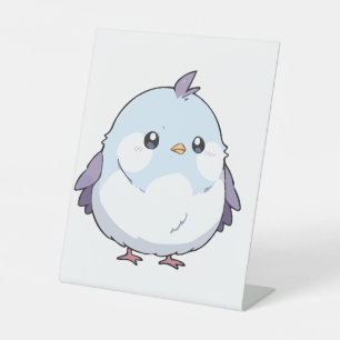 Cute Kawaii Chubby Bird Cartoon - Adorable Pastel Pedestal Sign