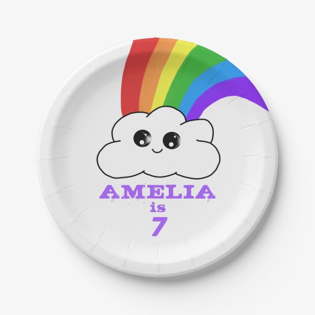Cute Kawaii Cloud and Rainbow Kid`s Birthday Paper Plate (Front)