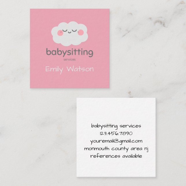Cute Kawaii Cloud Pink Babysitter  Square Business Card (Front/Back)