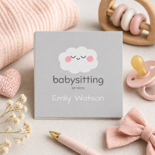 Cute Kawaii Cloud Pink Grey Babysitter  Square Business Card