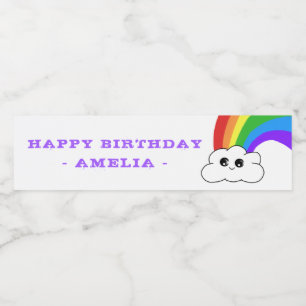 Cute Kawaii Cloud Rainbow Kid`s Birthday Water Bottle Label