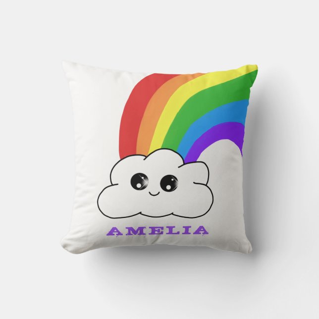Cute Kawaii Cloud Rainbow Kid`s Name Cushion (Front)