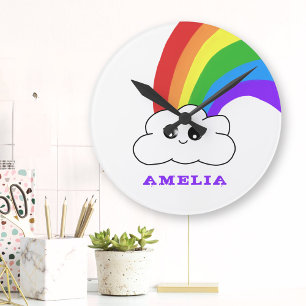 Cute Kawaii Cloud Rainbow Kid`s Name  Round Clock