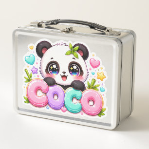 Cute Kawaii Coco Panda Name Pastel Pink Sparkling Metal Lunch Box