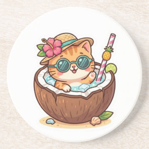 Cute Kawaii Coconut Cat Sunglasses Summer BSticker Coaster