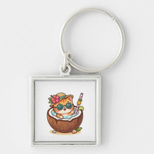 Cute Kawaii Coconut Cat Sunglasses Summer BSticker Key Ring