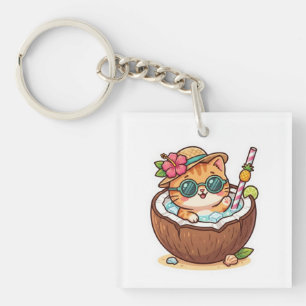 Cute Kawaii Coconut Cat Sunglasses Summer BSticker Key Ring