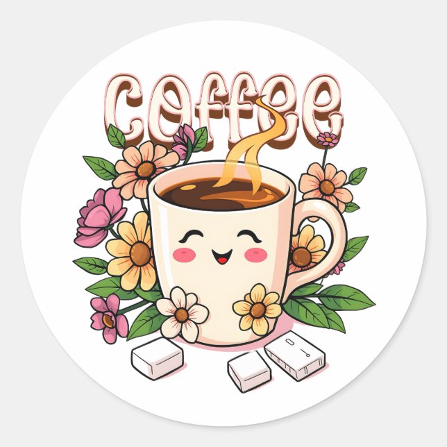 Cute Kawaii Coffee and Flowers Classic Round Sticker (Front)