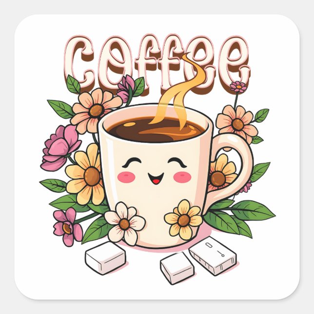 Cute Kawaii Coffee and Flowers Square Sticker (Front)