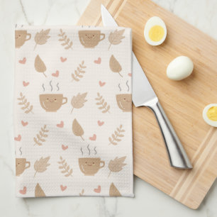 Cute Kawaii Coffee and Leaves Autumn Pattern Tea Towel