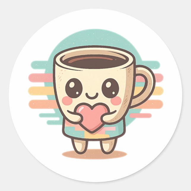 Cute Kawaii Coffee Cup Round Sticker Pastel Hear (Front)