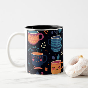Cute Kawaii Coffee Mugs Pattern with Smiling Faces