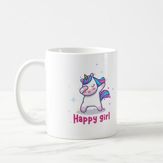 Cute Kawaii Colourful Rainbow Unicorn Happy Girl   Coffee Mug (Left)