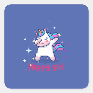 Cute Kawaii Colourful Rainbow Unicorn Happy Girl   Square Sticker
