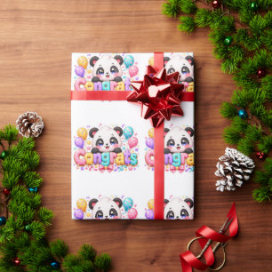 Cute Kawaii Congrats Panda Name Pastel Pink Gradua Wrapping Paper