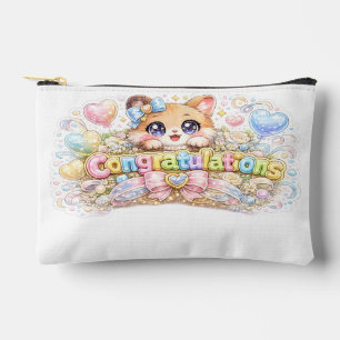 Cute Kawaii Congratulations Cat Pastel Pink Floral Accessory Pouch