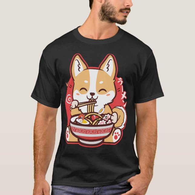 Cute Kawaii Corgi Eating Ramen T-Shirt (Front)