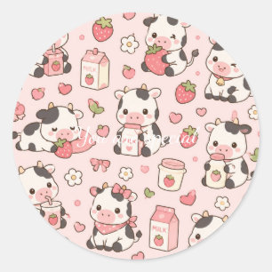 Cute Kawaii Cow Strawberry Pattern Pink Pastel Classic Round Sticker
