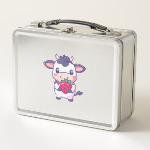 Cute Kawaii Cow With Strawberries Adorable Cattle Metal Lunch Box