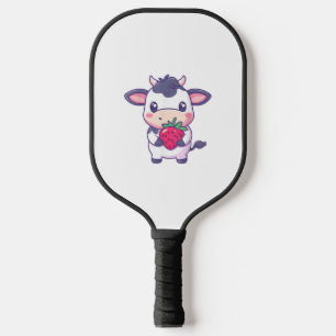 Cute Kawaii Cow With Strawberries Adorable Cattle Pickleball Paddle