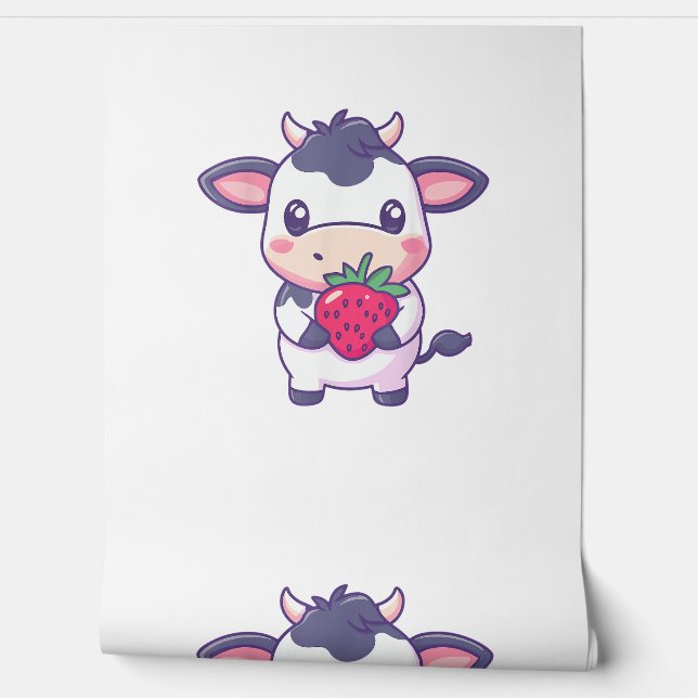 Cute Kawaii Cow With Strawberries Adorable Cattle  Wallpaper (Unrolling)