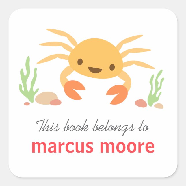 Cute kawaii crab animal cartoon bookplate square sticker (Front)
