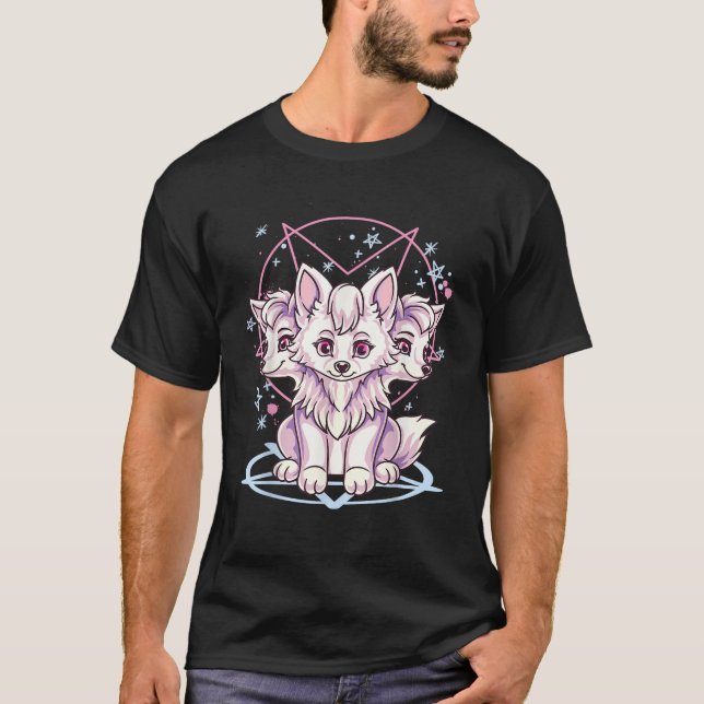 Cute Kawaii Creepy Pastel Goth 3 Headed Cerberus D T-Shirt (Front)