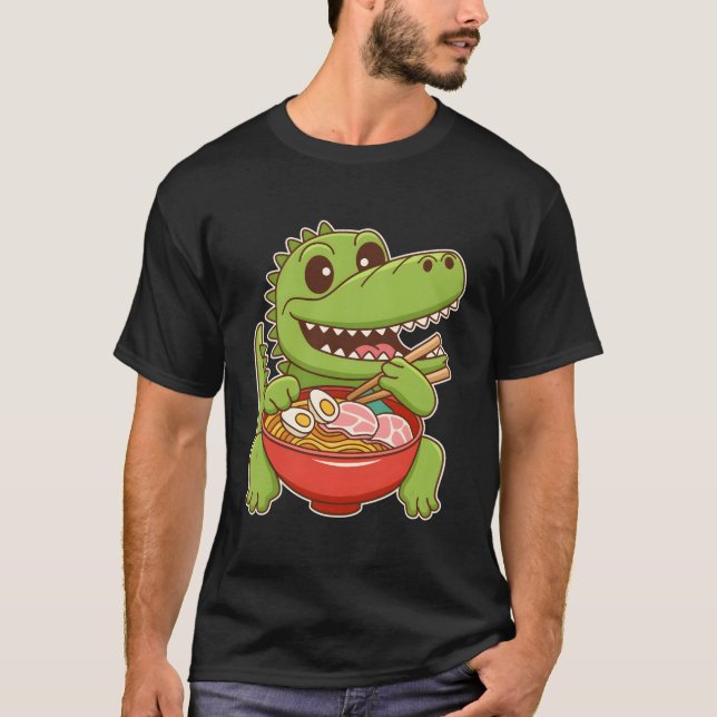 Cute Kawaii Crocodile Eating Asian Ramen T-Shirt (Front)
