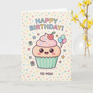 Cute Kawaii Cupcake Happy Birthday Card Kids
