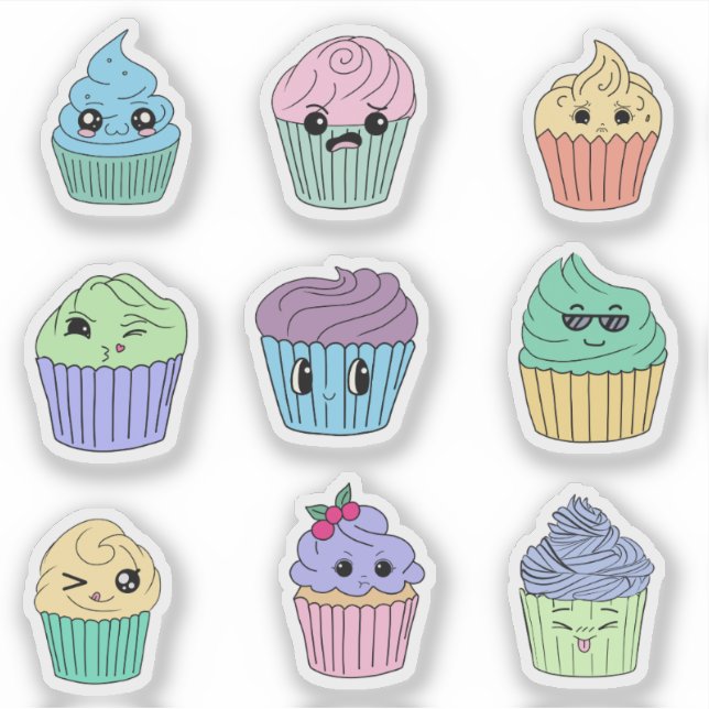 Cute Kawaii Cupcake Sticker Sheet (Front)