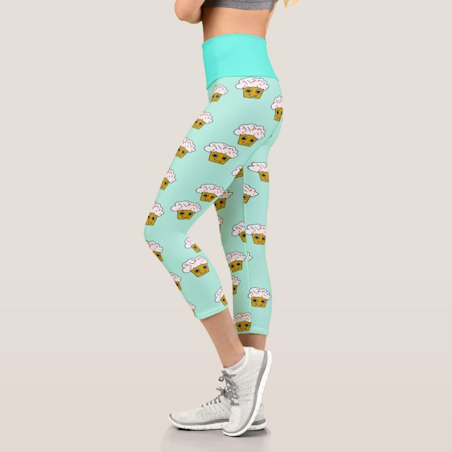 Cute kawaii cupcakes on blue capri leggings (Left)