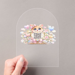 Cute Kawaii Custom QR Code Cat Pastel Pink Floral Acrylic Invitations