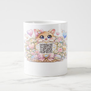 Cute Kawaii Custom QR Code Cat Pastel Pink Floral Large Coffee Mug
