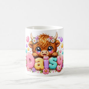 Cute Kawaii Daisy Highland Cow Name Pastel Pink Fl Coffee Mug