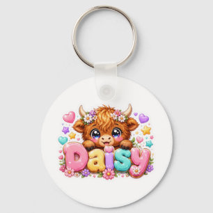 Cute Kawaii Daisy Highland Cow Name Pastel Pink Fl Key Ring