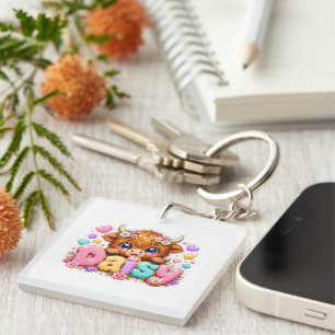 Cute Kawaii Daisy Highland Cow Name Pastel Pink Fl Key Ring