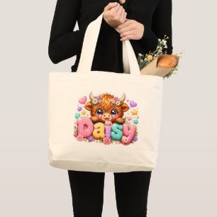 Cute Kawaii Daisy Highland Cow Name Pastel Pink Fl Large Tote Bag