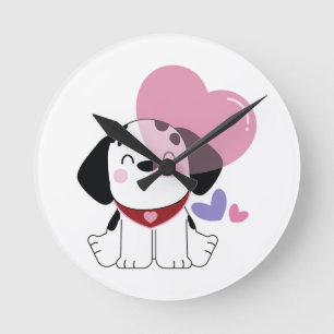 Cute Kawaii Dalmatian Puppy Dog with Hearts Round Clock