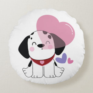 Cute Kawaii Dalmatian Puppy Dog with Hearts Round Cushion