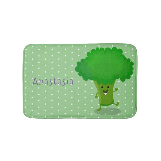 Cute kawaii dancing broccoli cartoon illustration bath mat (Front)