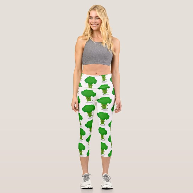 Cute kawaii dancing broccoli cartoon illustration capri leggings (Front)
