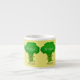 Cute kawaii dancing broccoli cartoon illustration espresso cup
